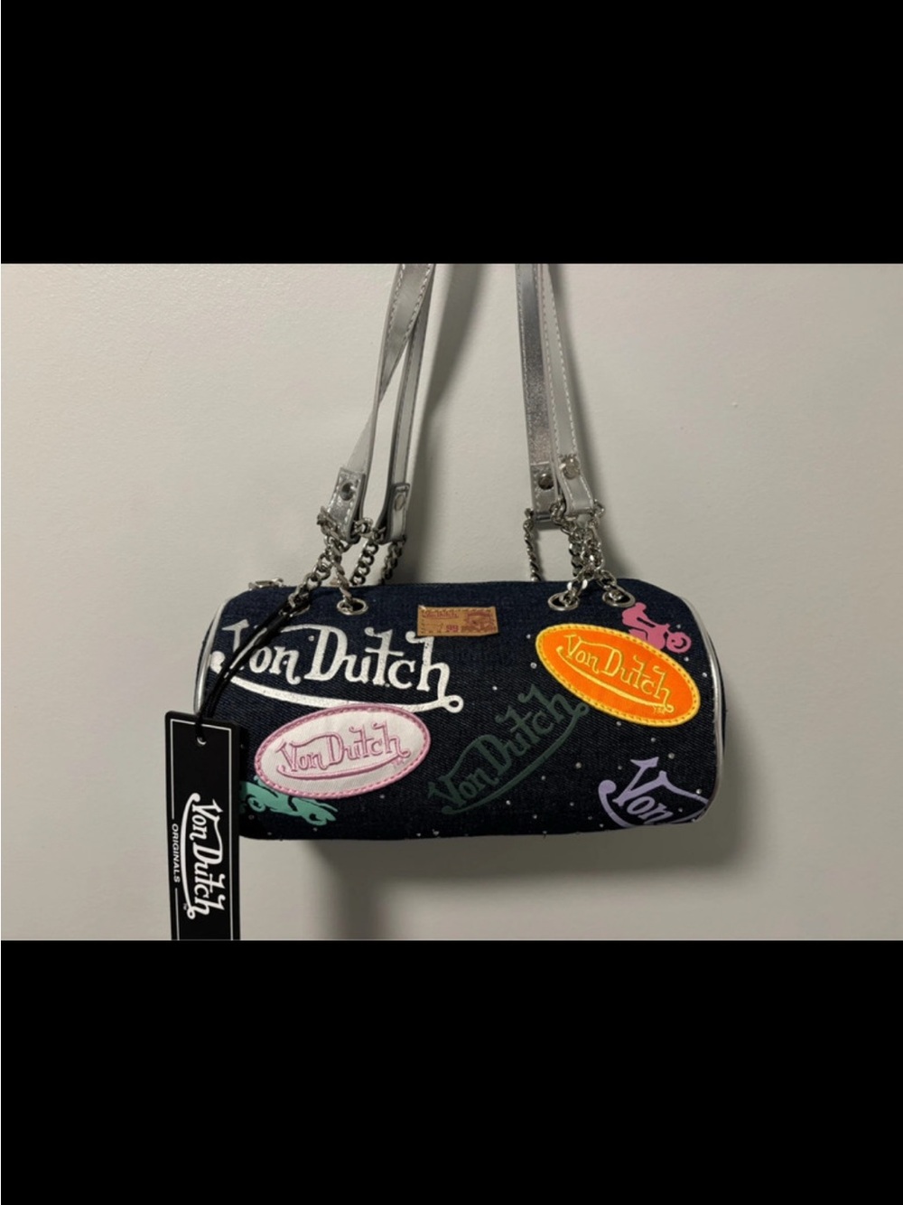 Von Dutch Navy Mini Barrel Bag with Multicolor Logo Patches